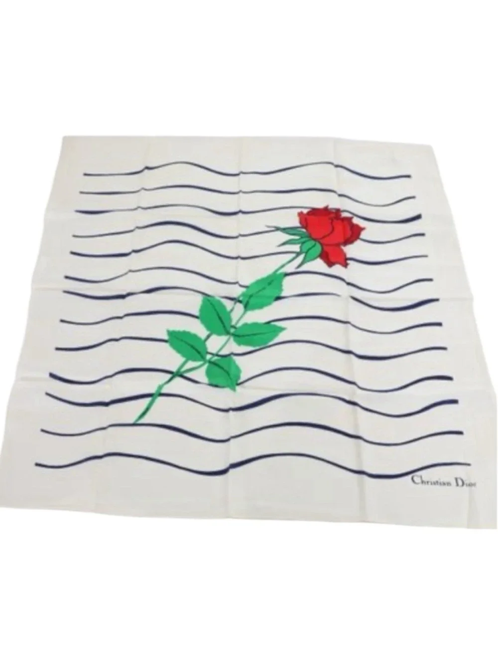 Christian Dior Vintage Striped Rose Silk Scarf Size 21” White Blue Red